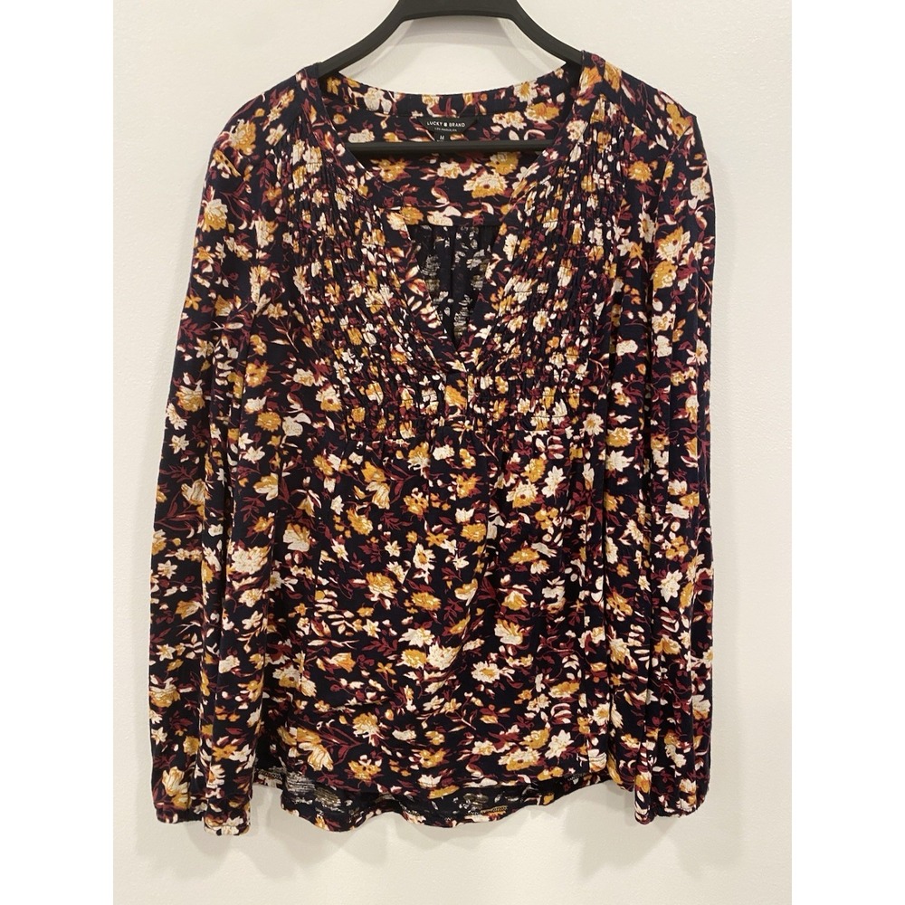 Lucky Brand Peasant Women's Top Navy Blue Yellow Floral Print SZ Medium Blouse